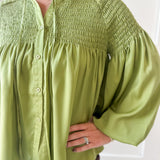 Smocked Satin Top - Teal Leaf