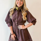 Contrast Stitch Shirt Dress - Brown