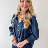 Ruffled V Neck Button Blouse - Navy