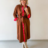 Tie Waist Accent Detail Dress - Brown
