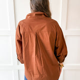 Lapel Collar Poplin Top - Brown