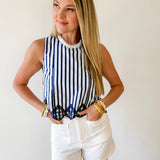 Embroidery Hem Top - Navy/White
