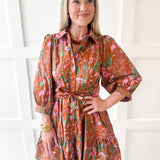 3/4 Sleeve Self Tie Mini Dress - Camel
