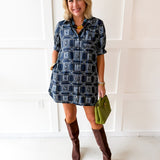 Geo Print Shirt Dress - Navy
