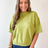 Crew Neck Elbow Length Sleeve Knit Top - Green