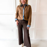 Check Print Straight Leg Pants- Brown