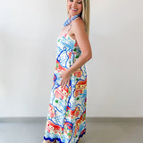 Contrast Trim Printed Midi Dress - Blue