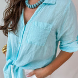 Linen Front Tie Shirt - Aqua