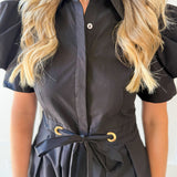 Pull Waist Pleated Mini Dress - Black
