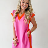 Contrast Accent Dress - Pink/Orange