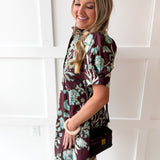 Floral Puff Sleeve Dress - Chocolate
