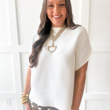Ribbed Short Sleeve Knit Top - Off White