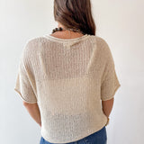 Split Neck  Sheer Crochet Knit Top -Khaki