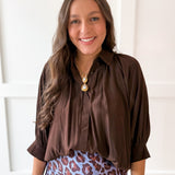 Puff Sleeved Collared Shirt - Brown