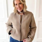 Pleather Trimmed Zip Front Jacket- Milk Tea