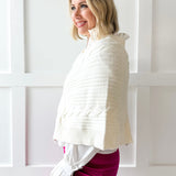 V Neck Cable Knit Poncho- Cream