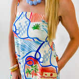 Contrast Trim Printed Midi Dress - Blue