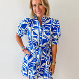 Geo Print Ruffle Neck Shirt Dress
