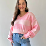 V-neck Stripe Crop Sweater - Pink