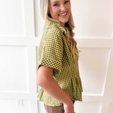 Gingham Pleated Waist Top - Matcha