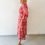 Abstract Belted Midi Dress - Pink/Brown