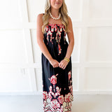 Floral Print Smocked Maxi Dress- Black