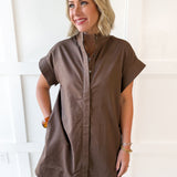 Mini Dress With Hidden Button Placket- Brown