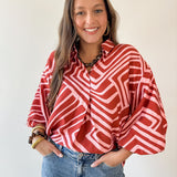 Abstact Print Drop Sleeve Top - Pink-Brown