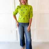 Polka Dot Puff Sleeve Knit Top- Green