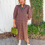 Ditsy Print Puff Sleeve Dress - Navy