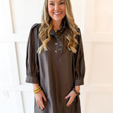 Silky High Neck Long Sleeved Dress - Espresso