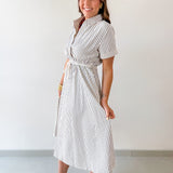 Roped Belted Striped Midi Dress - Navy/Tan