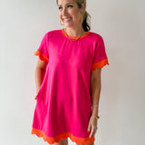 Scallop Edge Accent Solid Dress - Pink