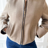 Pleather Trimmed Zip Front Jacket- Milk Tea