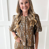 Gold Button Jacquard Top - Brown