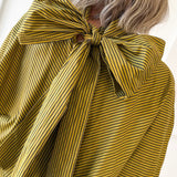 Tie High Neck Striped Satin Top- Olive/Navy