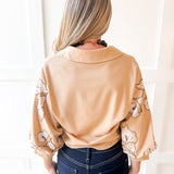 Lapel Embroidered Puff Sleeve Top-Taupe