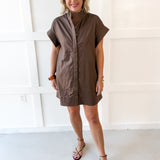Mini Dress With Hidden Button Placket- Brown