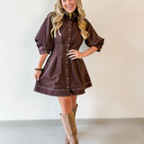 Contrast Stitch Shirt Dress - Brown
