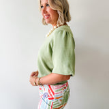 Solid Knit Bubble Sleeve Top - Olive
