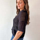 Split Neck Sheer Knit Top - Black