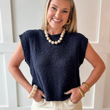 Textured Cotton Vest Top - Navy
