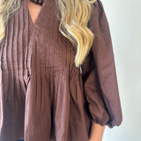 Poplin Peplum Pleated top - Brown