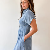 Waist Defining Pleat Dress - Denim