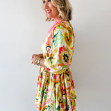 Braid Belted 3/4 Sleeve Mini Dress- Yellow/Pink