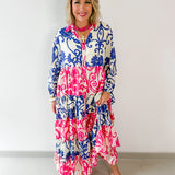 Floral Print Tiered Woven Dress - Pink/Blue