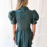Puff Sleeve Waist Tie Dress - Green