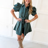 Puff Sleeve Waist Tie Dress - Green