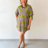 Button Down Tie Sleeve Dress- Olive