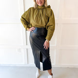 Tie High Neck Striped Satin Top- Olive/Navy